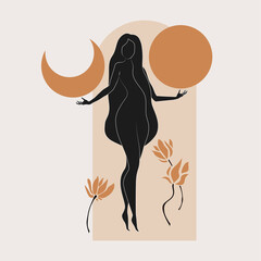 Gold and black feminine wall art, vector set. Artistic drawing of a silhouette in a mystical and abstract form. Abstract body art design for print, cover, wallpaper, minimal wall art.