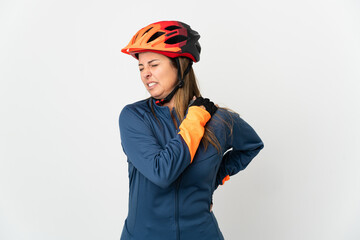 Middle age cyclist woman isolated on white background suffering from pain in shoulder for having made an effort