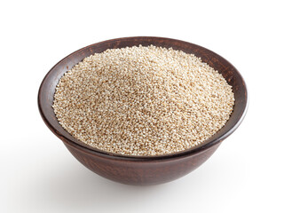 Uncooked white quinoa seeds in ceramic bowl isolated on white background with clipping path