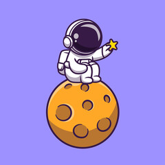 Cute Astronaut Sitting On Moon And Holding Star Cartoon Vector Icon Illustration. Science Technology Icon Concept Isolated Premium Vector. Flat Cartoon Style