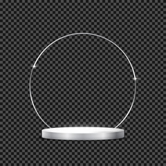 3d silver podium display, empty platform base stand with round product frame vector illustration. Abstract chrome pedestal mockup of showcase, luxury studio presentation on transparent background