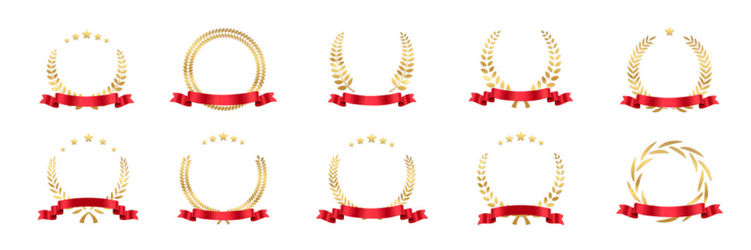 Gold laurel wreath and red ribbon set, realistic winner medal with leaf star silhouettes