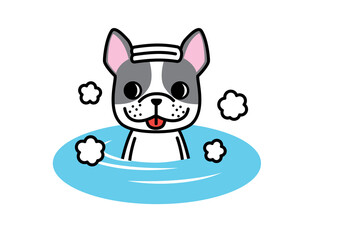 お風呂につかって気持ちよさそうな表情のフレンチブルドッグ　ボストンテリア