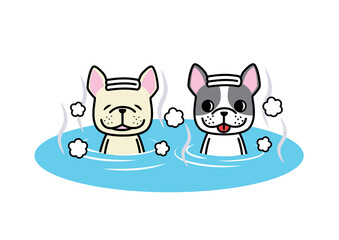 頭にタオルをのせて二匹でお風呂につかっているフレンチブルドッグ