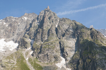 View of the high peak of Monte Bianco during summer season in Val d'Aosta, Italy
