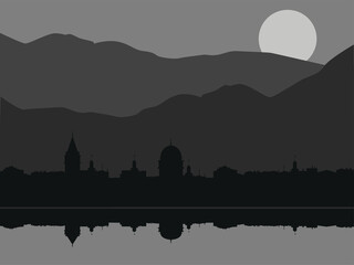 Silhouette of city on background of mountains vector illustration. City line reflected in water. Night shadow of town in mountainous area. Night composition with moon