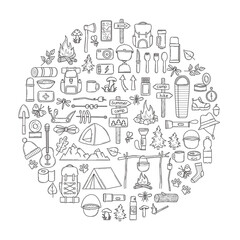 Fototapeta na wymiar Hiking equipment in a round composition in doodle. Items for camping. Travel supplies icons for outdoor base camp. Backpack, campfire, tent, pointers, bowler hat. Isolated sketch vector illustration