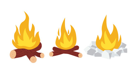 Campfire with burning wooden logs and camping stone fireplace. Outdoor bonfire. Firewood flames. Set of isolated flat vector illustration 