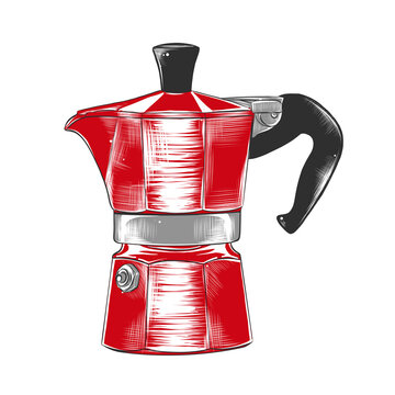 Vector engraved style illustration for posters, decoration and print. Hand drawn sketch of geyser coffee maker in red color isolated on white background. Detailed vintage woodcut style drawing.