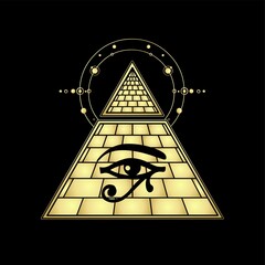 Mystical drawing: Egyptian pyramid with separated top emits energy. Eye of god Horus. Vector illustration isolated on a black background. Imitation of gold. 