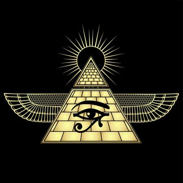 Animation color  drawing: winged Egyptian pyramid, eye of Horus, divine shining sun. Vector illustration isolated on a black background. Imitation of gold. Print, poster, T-shirt, logo.