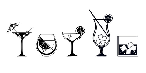 Martini cocktail with umbrella and olive in classic glass. Set of Black and white vector icons isolated on white background. Glyph is symbol of alcoholic beverage