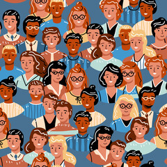 People avatar seamless pattern. Different portraits of diverse isolated business team people. Man and woman faces at round frame. Vector flat style cartoon illustration