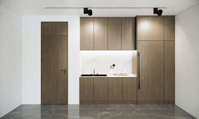 Interior of modern comfortable kitchen in white room apartment ideas. 3d rendering