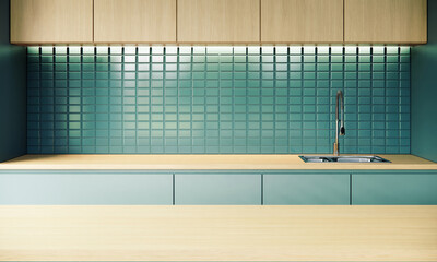 Mock up studio kitchen interior design and decoration in minimal and modern Japandi style with tiles green wall. 3d apartment room interior.