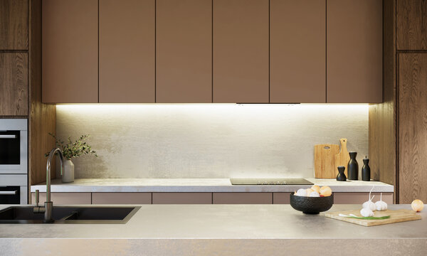 Fototapeta japandi modern scandinavian style apartment interior design, japan kitchen ideas, 3d background