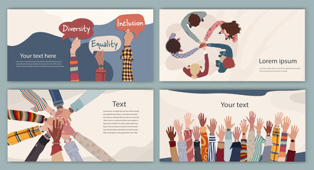Volunteer people concept web page banner poster editable template. Raised arms and hands up multiethnic people. Multicultural people in a circle with hands on top of each other top view - obrazy, fototapety, plakaty