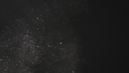 Dust particles float in neutral light on black background