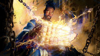 A handsome black male priest in a blue and gold robe, holding enchanted sacred books with his huge palms, they burn with spiritual fire and are chained in magical crumbling chains. 3d rendering