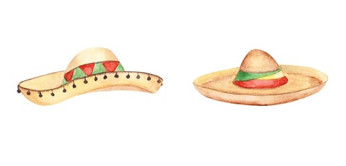 Set of 2 sombreros isolated on a white background. Watercolor Mexican hat illustrations. Hand-drawn fiesta objects. Mexican sombrero clipart. Latin accessory. Festival costume in a cartoon style.