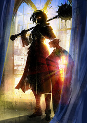 A black silhouette of a tall knight girl with a huge spiked mace Morgenstern on her shoulder, and a large shield, her shield glows with stained glass and a fantasy city outside the window. 2d art