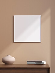 Minimalist square white poster or photo frame in modern living room wall interior design with vase and shadow. 3d rendering.
