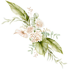 Watercolor tropical leaves and pampas grass arrangement. Green palm leaves floral bohemian bouquet