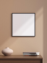 Minimalist square black poster or photo frame in modern living room wall interior design with vase and shadow. 3d rendering.