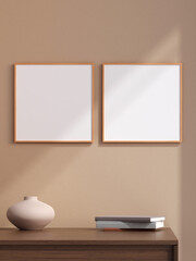 Minimalist square wooden poster or photo frame in modern living room wall interior design with vase and shadow. 3d rendering.