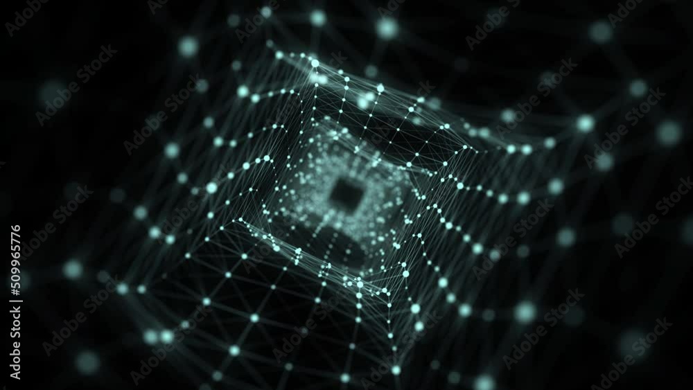 Aufkleber Abstract 3d portal. Square tunnel or wormhole. Digital background with connected green dots. 3d rendering.