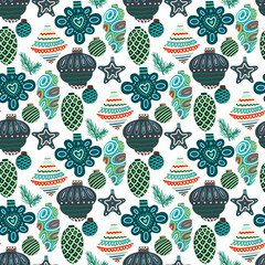 Vector Christmas seamless pattern with pine cones, balls, Christmas decorations, Christmas decorations. Vintage holiday repeated texture with new year toys and decoration.