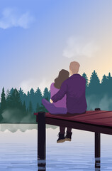 couple man and woman sitting on ponton and hugging, view from back or behind. spring summer outdoor landscape with forest and lake or river. vector background for book cover, poster, booklet. - obrazy, fototapety, plakaty