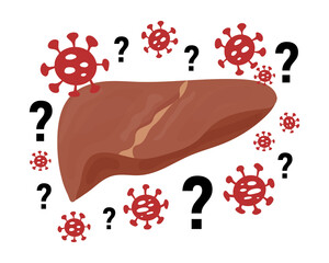 Mysterious Acute Hepatitis of Unknown Cause concept. Vector illustration of infected liver with bacteria icons and question marks. Liver disease, viral hepatitis outbreak, adenovirus origin - obrazy, fototapety, plakaty