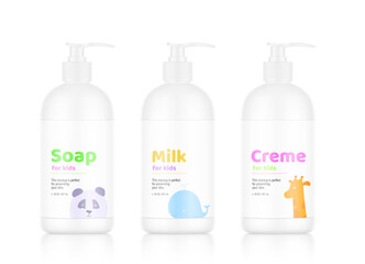 Realistic bottles with white dispensers and sample label designs. Vector illustration isolated on white background. Perfect for promote your product. EPS10.