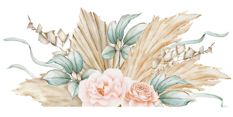 Watercolor cold tones tropical leaves and pampas grass arrangement. Green and beige palm leaves floral bohemian border