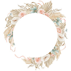 Watercolor cold tones tropical leaves and pampas grass arrangement. Green and beige palm leaves floral bohemian wreath