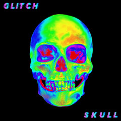 Glitch Skull. Pixel sorting glitch art corrupted graphics of colorful psychedelic front side skull from 3D rendering isolated on black background.
