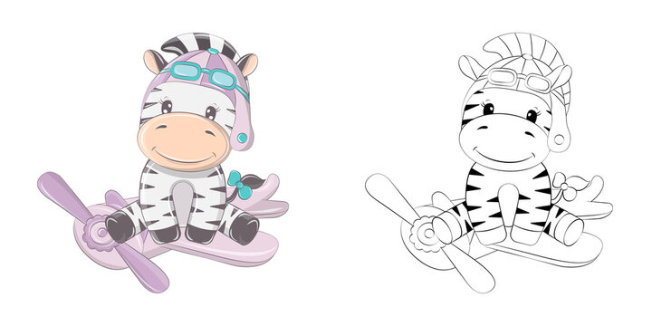 Cute Zebra Clipart Illustration and Black and White. Funny Clip Art Zebra Pilot on a Plane. Vector Illustration of an Animal for Coloring Pages, Stickers, Baby Shower, Prints for Clothes