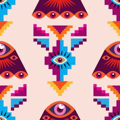 Awesome seamless pattern with esoteric eye different shapes, Magic, witchcraft, occult symbol, colorful line art. fabric, paper, textile. Vector Modern mythic graphic background illustration.