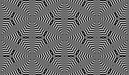 Hexagonal seamless pattern of black lines and stripes. Abstract repeatable ornament in optical art style.