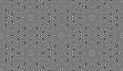 Hexagonal seamless pattern of black lines and flowers. Repeating trippy ornament in optical art style.