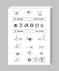 A set of instruction icons for openings, locks, tear notch. Perfect for your design on packaging. EPS10.	
