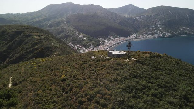 Aeolian Islands. Lipari town aerial view with drone overlooking Canneto Beach, Lipari city centre and Vulcano