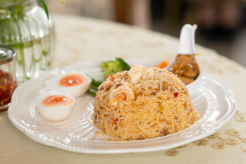 Fried rice with shrimp paste chili paste on food and drink concept