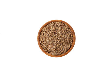 Hemp seeds in wooden bowl on white background, top view. Healthy eating. Cannabis seeds are source...