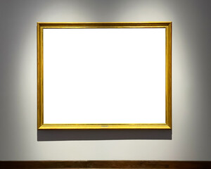 Antique golden art fair gallery frame on the wall at auction house or museum exhibition, blank template with empty white copyspace for mockup design, artwork - obrazy, fototapety, plakaty