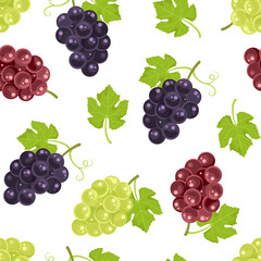 Grape seamless pattern. Fresh berry background. Cartoon white, red, black bunch of grapes and green leaves isolated on white. Vector simple flat illustration of fruits. 