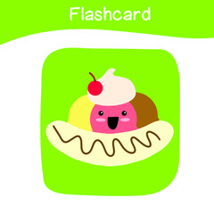 Cute banana split ice cream flashcard. Colorful printable flashcards. Vector illustration.