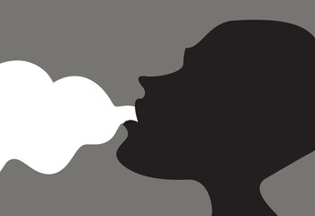 Raster graphics - a black-and-white banner - a teenager releases white smoke from cigarettes or vaping from his mouth. Concept - bad habits