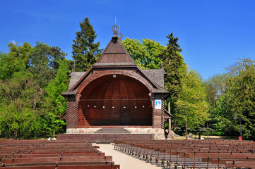 Wooden bandstand in Ciechocinek, Kuyavian-Pomeranian Voivodeship, Poland.